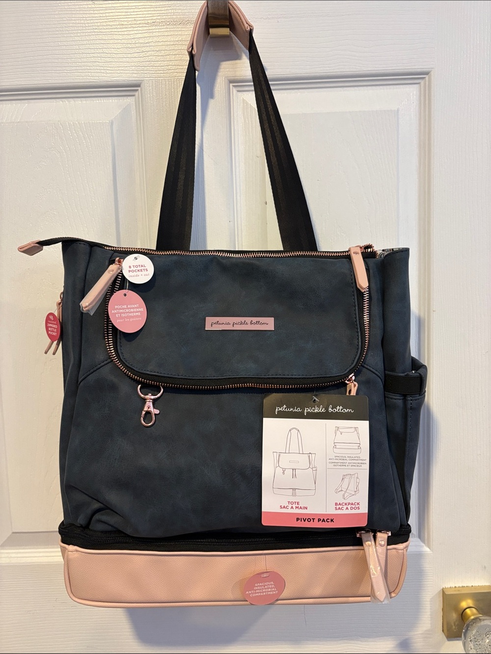 BNWT Petunia Pickle Bottom Navy and Blush Convertible Pivot Pack Diaper Backpack
